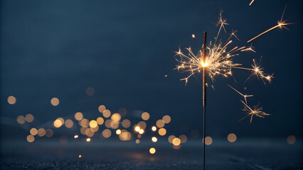 Brilliant fireworks explode in the night sky and a bright sparkler illuminates a celebratory holiday scene
