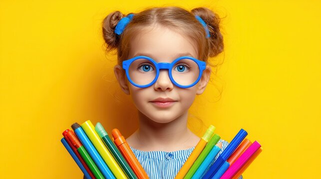 Cheerful young girl with blue glasses joyfully holds colorful school markers against a bright yellow background during a sunny afternoon