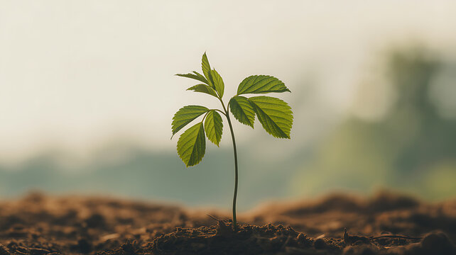 A young green plant growing from soil in a natural outdoor setting with soft background lighting