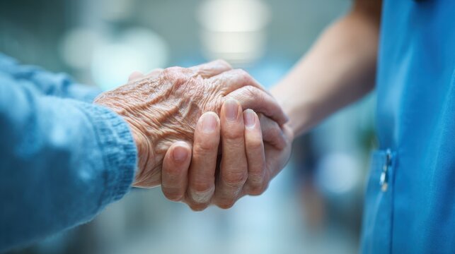 Nurse in blue uniform holds elderly patient's hand in a caring gesture in a bright hospital setting