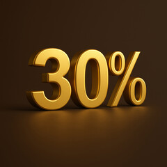 Luxury 3D golden “30% OFF” text on dark background, elegant sale and shopping promotion