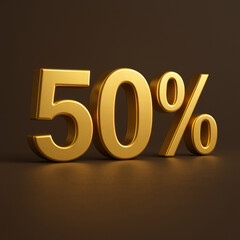 Luxury 3D golden “50% OFF” text on dark background, elegant sale and shopping promotion