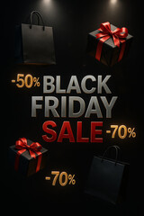 Luxury vertical Black Friday sale flyer with black gift boxes, red ribbons, and floating bags