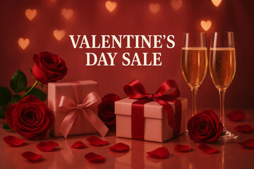 Romantic Valentine’s Day sale banner with pink gifts, roses, champagne glasses, and heart bokeh lights