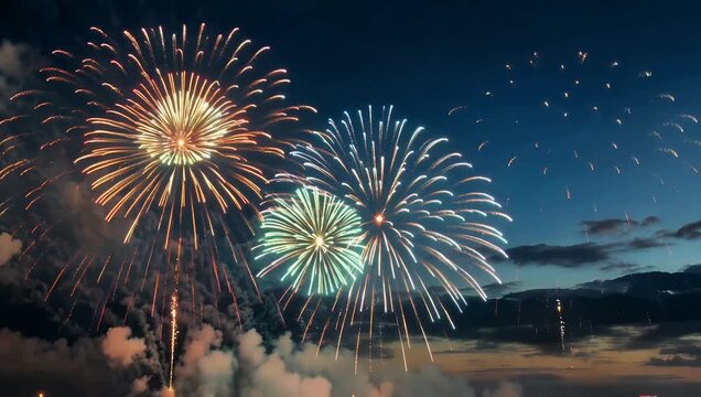 Incredible 4K real time footage abstract fireworks exploding sky major celebrations such New Year Independence Day capturing breathtaking bursts color dazzling smoke trails