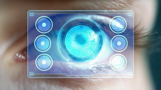 Futuristic eye technology concept with digital interface and biometric scanning