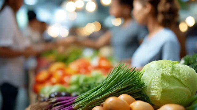 Vibrant market scene with fresh produce and diverse shoppers in background
