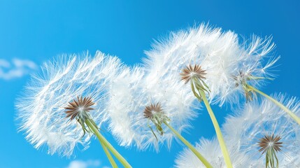 Naklejka premium Delicate Nature Scene of Dandelion Seeds Against a Clear Blue Sky on a Sunny Day