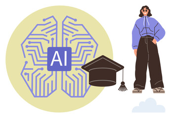 AI brain circuit, graduation hat, and casually dressed person representing technology, learning, progress, innovation. Ideal for education, technology AI success future connection achievement. A