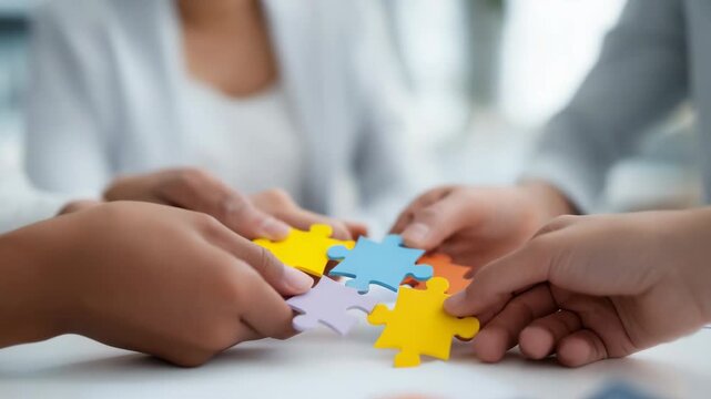 Diverse team collaborating on colorful puzzle pieces