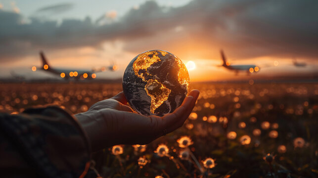 Human hand holding a glowing Earth globe amidst a field with airplanes in the background at sunset.