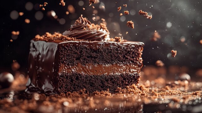 Indulge in this rich chocolate cake slice. A delightful blend of textures and flavors. Perfect for dessert lovers. Satisfy your sweet tooth today. Generative AI.