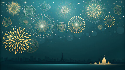 City celebration illustration: bright blue night sky fireworks pattern for new year holiday design