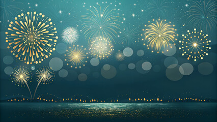 Bright celebration design with colorful new year fireworks explosion on the dark blue night sky