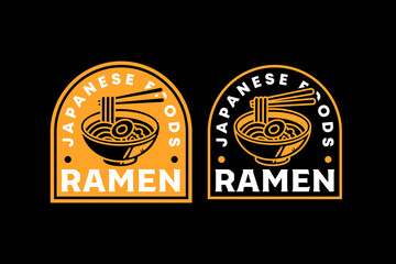 Ramen japanese food with noodle, chopstick, egg retro badge logo design set for restaurant and culinary. Asian noodle bowl vintage emblem element pack. Noodle soup rustic patch graphic design