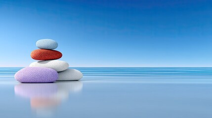 Colorful stacked zen stones balanced on a reflective wet surface with calm ocean and clear blue sky in the background creating a sense of peace and tranquility