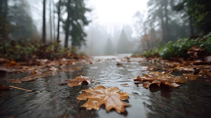 A low angle perspective captures the serene beauty of a forest path after rain covered in fallen wet autumn leaves with fog creating a moody