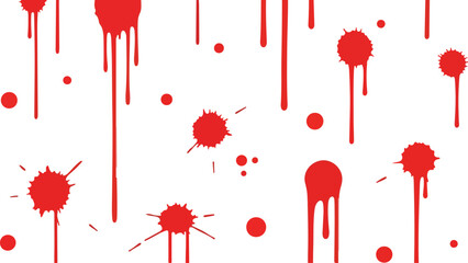 A pattern of red splatters and drips on a white background evokes a bloody or abstract artistic design