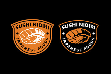 Sushi nigiri japanese food retro badge logo design set for restaurant. Seafood with rice dish vintage emblem element pack for culinary. Fish sushi asian cuisine rustic patch graphic design for cafes