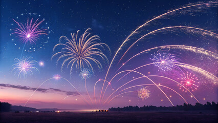 Beautiful colorful New Year city celebration fireworks display reflecting on the river at night