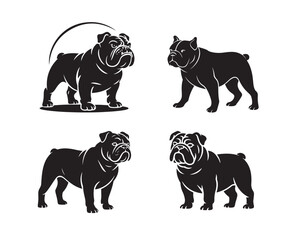 bulldog vector silhouette set, bulldog collection, dog vector illustration, vector set, domestic dog design, loyal dog illustration, guard dog logo, strong dog silhouette, bulldog collection