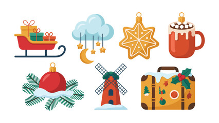 Festive Symbols of Celebration: An array of joyous festive objects including Christmas tree decorations, gifts, star cookie, a cup of cocoa, a windmill and a travel bag, and a sleigh.