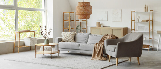Interior of light living room with cotton flowers in vase, sofa and armchair