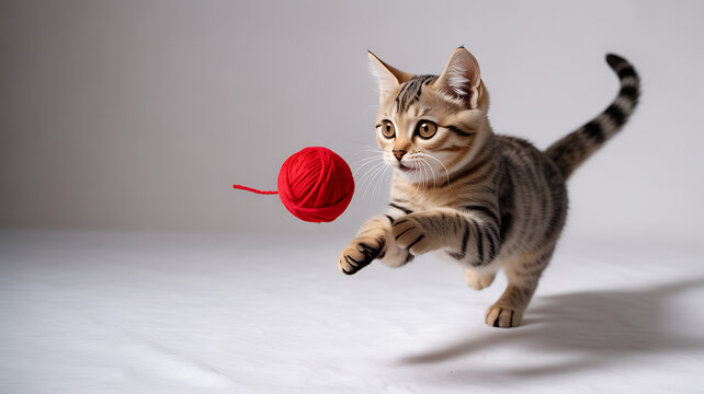 A tabby kitten leaping toward a red yarn ball on a white background