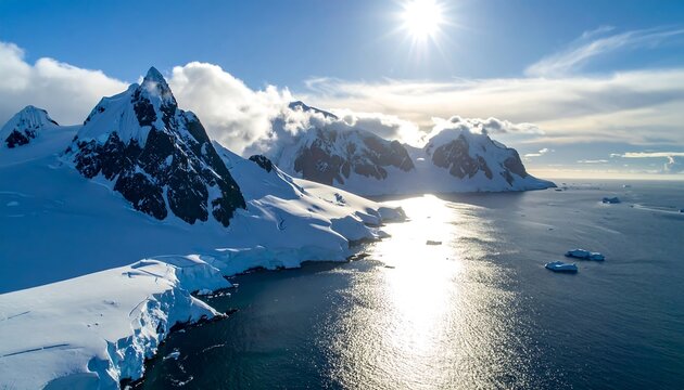 Aerial view of a sunlit snow-capped mountain range along the icy ocean coast, with clouds and the sun shining