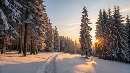 Winter sunset in the park with frost on trees and a snowy path