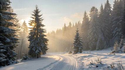 Winding snowy road through a cold forest landscape with frost-covered trees and distant mountains under a winter sky