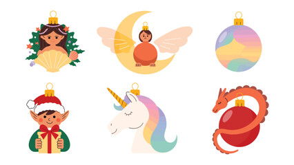 Holiday Ornament Collection: A delightful assortment of festive ornaments featuring a mermaid, an angel on the moon, a unicorn, a dragon, and a jolly elf.