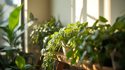 Cozy Home Decor with Green Potted Plants in Window Light