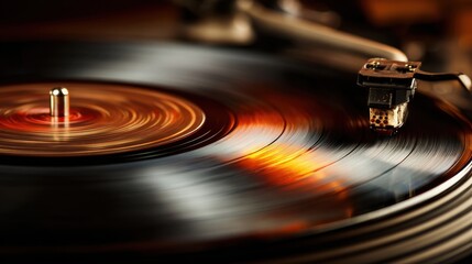 Spinning vinyl record creates a warm, inviting atmosphere in a cozy music space filled with nostalgia