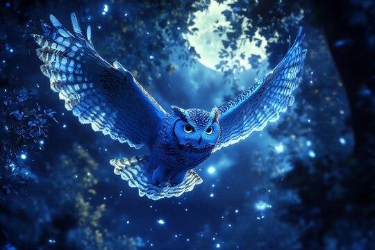 stunning owl in mid-flight against the backdrop of moonlit forest The silent hunter of the night
