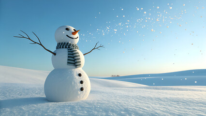 A fun cartoon snowman smiling with a carrot nose, wearing a hat and scarf, standing in the cold winter snow with a snowflake design for a happy Christmas holiday greeting card