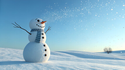 ❄️ Happy snowman with a festive scarf and hat stands on the snow, a cheerful winter holiday celebration illustration with snowflakes and a carrot nose