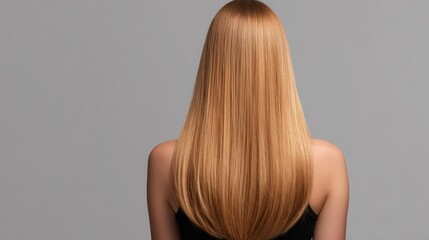 Obraz premium Long straight honey blonde hair falls gracefully down the back, showcasing smooth, shiny strands under soft lighting in a minimalist setting