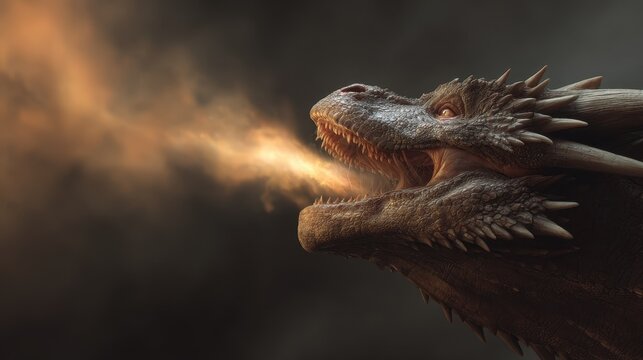 Dragon breathes fire in a dark, fierce scene showcasing its power and majesty against a smoky background
