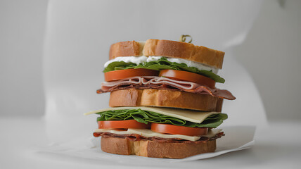 A stacked sandwich with layers of bread, lettuce, tomato, cheese, and deli meat on a white surface