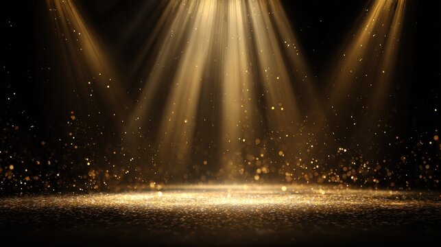 Golden stage sparkling with glitter and bright spotlights creates a captivating atmosphere for luxurious performances and events