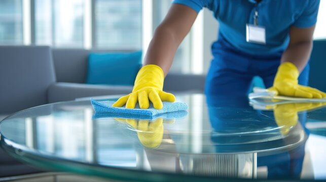 Office cleaning staff sanitizing conference table in a modern office setting during daytime to maintain cleanliness and hygiene