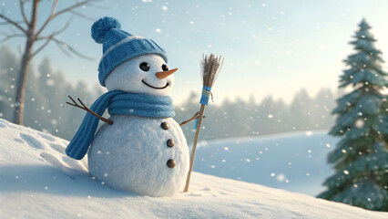 A fun cartoon vector illustration of a happy snowman with a scarf and hat in a snowy winter forest, perfect for a December holiday Christmas card celebration