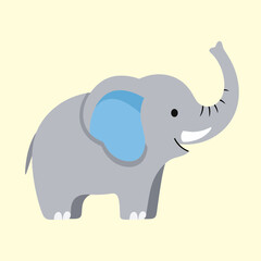 Obraz premium Cartoon illustration of a gray elephant with blue ears, trunk raised, and a friendly smile.