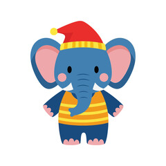 Obraz premium A cheerful cartoon elephant wearing a festive Santa hat and striped shirt.
