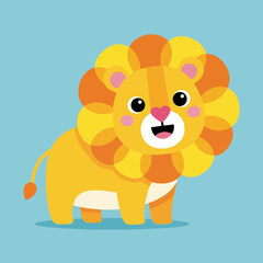 Obraz premium A cheerful cartoon lion with a large orange and yellow mane, smiling on a blue background.