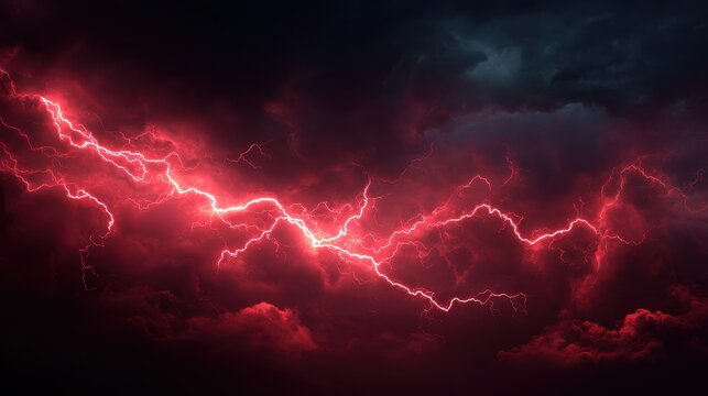 Electric red lightning strikes across a dark sky during a thunderstorm at night, creating a vibrant and dramatic display of nature's power