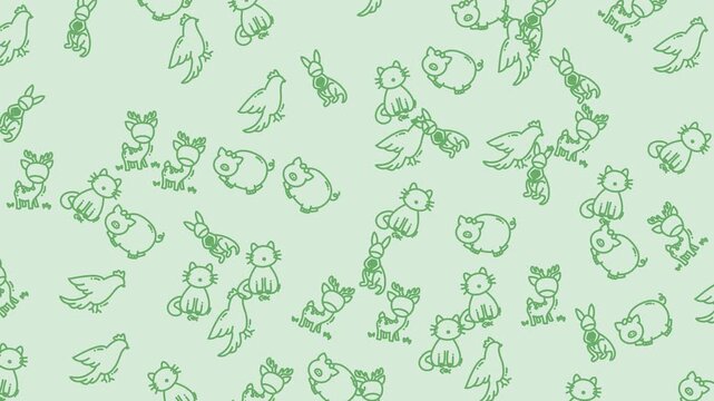 Light green pattern with cartoon animal figures. Perfect for childrens products, wallpapers, and textile designs. Playful and vibrant design for various projects.