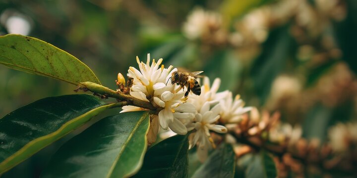 Yellow bee gathers nectar from Robusta coffee blossoms in a lush environment during daylight
