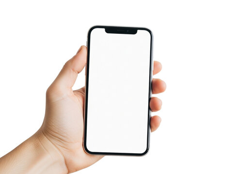 Hand holding a modern smartphone with a blank white screen, isolated on transparent background, perfect for showcasing mobile apps and websites